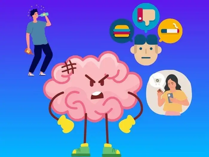 imagem saúde mental 2 desenho de um cérebro zangado, um homem bebendo, outros dois desenhos de pessoas com maus hábitos