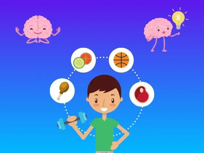 imagem saúde mental 3 desenho de alguem animado com novos hábitos e desenhos de um cérebro feliz e saudável